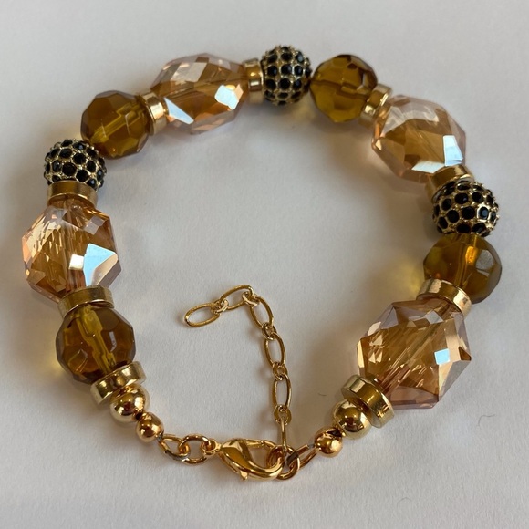 💰 𝕊 𝕠 𝕝 𝕕 💰 Amber Glass Beads & Gold Ball Bracelet 7" - Picture 4 of 9